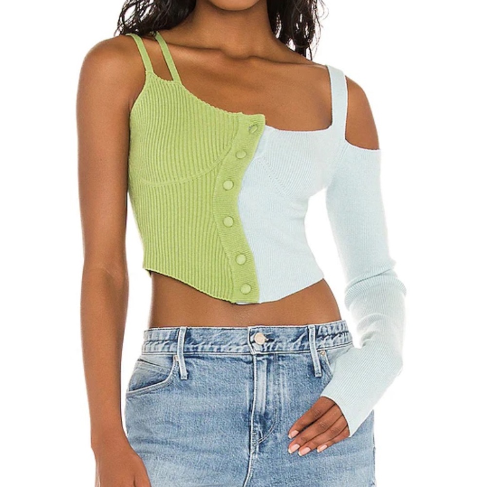 NWOT Danielle Guizio Asymmetrical Knit Long Sleeve Top in Green & Sterling Blue